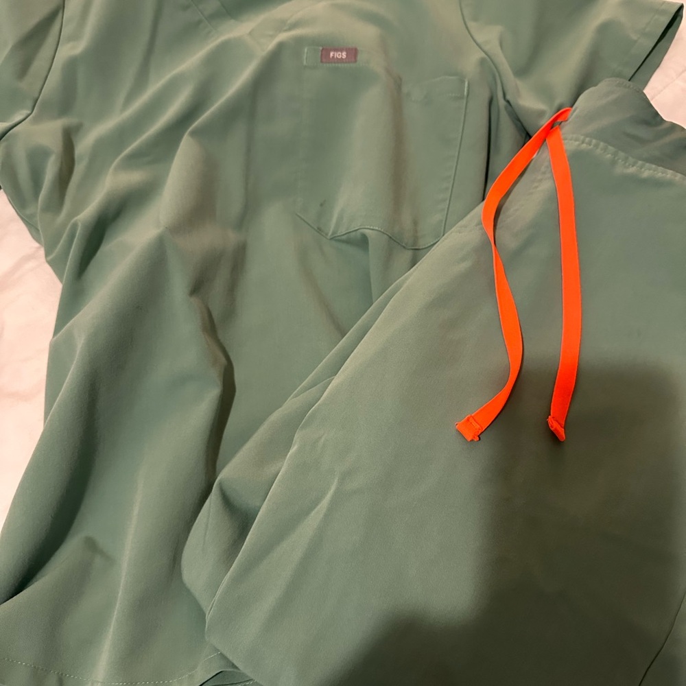 Green Women's Top with Orange Accents  And Pants
